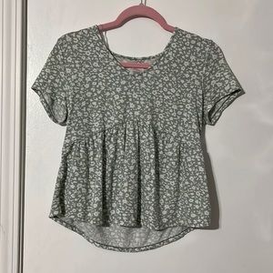 sage green flower print shirt with flowy bottom